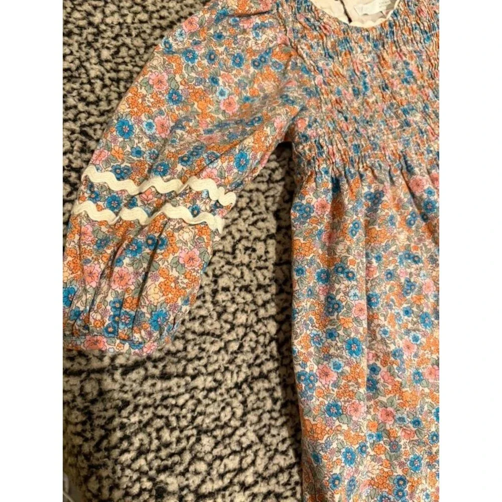 ZARA Floral Smocked Dress 4 years Blue Orange Puff Sleeve Cottagecore Boho Mini